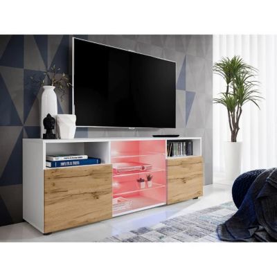 Meuble Banc TV Urbino Komodee - LED RGB - Bois Naturel Mat et Blanc - Facades en Mat - 140 x 53 x 35 cm