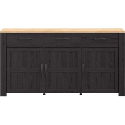 Buffet BOHOL Forte 166,1 x 47 x 87 cm noir avec décor chêne 3 portes 3 tiroirs