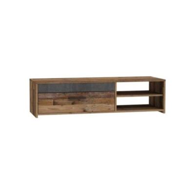 Meuble TV PACO 120 cm 1 tiroir 2 niches décor vieux bois béton gris foncé