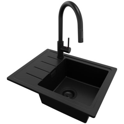 Evier Sous Plan Tout Noir 55x44cm, 1 bac + Kit de Vidage + Robinet, Évier au meuble 45cm - Copenhague Easy de Primagran