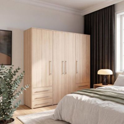 Armoire de chambre MOKKARO Décor chêne 4 portes battantes 6 tiroirs L205 9 x P53 x H200 cm - vue 2