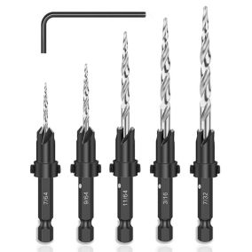 5Pcs Forets Fraise à Chanfrein en Tige Hexagonale de 1/4 Pouce Set de Foret Fraisage Bois HSS avec Petite Clé, Kit de Mèche Hélic