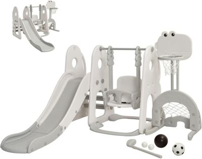 Soldes d'été 2026 : AIYAPLAY - Portique enfant toboggan balançoire - Plastique - 201x151x87.5cm - Blanc pas cher