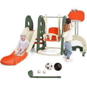 6 en 1 Ensemble Toboggan et Balançoire avec Panier de Basket Réglable&Football&Golf pour 3-8 Ans Aire de Jeu Intérieur&Extérieur