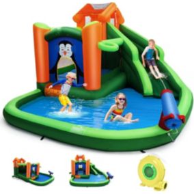 6 en 1 Structure gonflable avec Souffleur pour 3 Enfants Structure Gonflable avec Toboggan Trampoline Pataugeoire etc