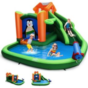 6 en 1 Structure gonflable pour 3 Enfants Structure Gonflable Sans Souffleur avec Toboggan Trampoline Pataugeoire