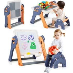 6 en 1 Table Enfant et Chaise Tableau Enfant Pliable Multi Activités avec Tableau Double Blocs de Construction