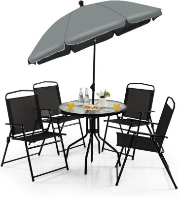 6 Pcs Salon de Jardin avec 4 Chaises Pliantes en Textilene Table Basse en Verre Trempe et Parasol Balcon et Terrasse charge 150KG