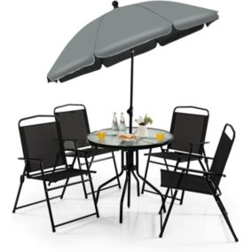 6 Pcs Salon de Jardin avec 4 Chaises Pliantes en Textilene Table Basse en Verre Trempe et Parasol Balcon et Terrasse charge 150KG