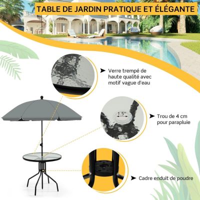 6 Pcs Salon de Jardin avec 4 Chaises Pliantes en Textilene Table Basse en Verre Trempe et Parasol Balcon et Terrasse charge 150KG