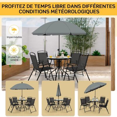 6 Pcs Salon de Jardin avec 4 Chaises Pliantes en Textilene Table Basse en Verre Trempe et Parasol Balcon et Terrasse charge 150KG