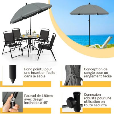 6 Pcs Salon de Jardin avec 4 Chaises Pliantes en Textilene Table Basse en Verre Trempe et Parasol Balcon et Terrasse charge 150KG