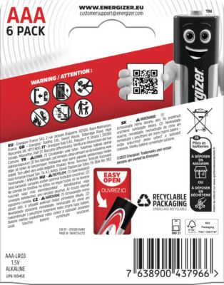6 Piles alcalines AAA LR3 Max Energizer