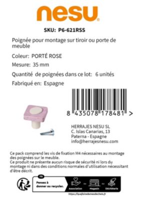 6 Un. bouton poignées de meuble pour  bébé carré bois rose SHABBY CHIC 35x35MM pour tiroir commode et armoire