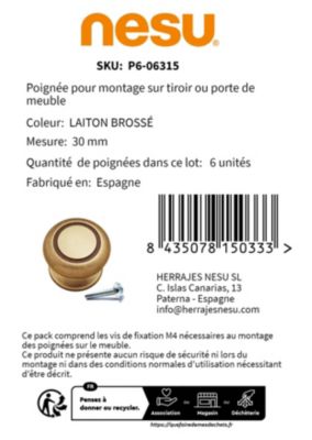 6 Un. poignées de meuble en  laiton brossé  - diamètre 30MM
