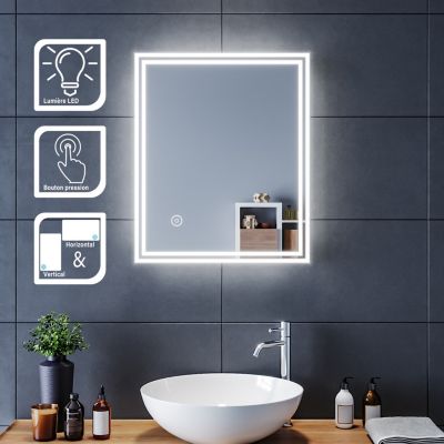 60x50cm Miroir de Salle de Bains avec éclairage LED Miroir Cosmétiques Mural Lumière Illumination avec Commande par Effleurement