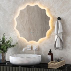 60x60cm Miroir Mural de Salle de Bain avec Tactile Intelligent 3 Couleurs LED et Anti-Buée Antidéflagrant Bords Ondulés