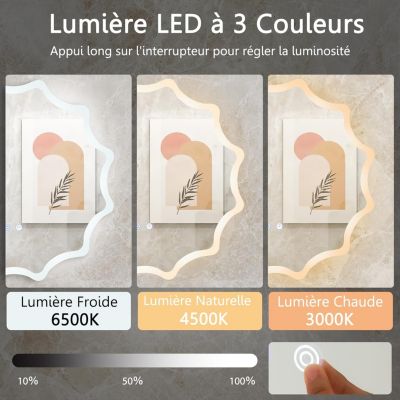 60x60cm Miroir Mural de Salle de Bain avec Tactile Intelligent 3 Couleurs LED et Anti-Buée Antidéflagrant Bords Ondulés