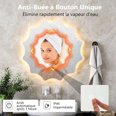 60x60cm Miroir Mural de Salle de Bain avec Tactile Intelligent 3 Couleurs LED et Anti-Buée Antidéflagrant Bords Ondulés
