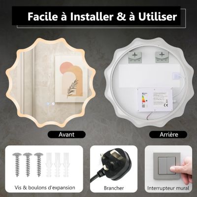 60x60cm Miroir Mural de Salle de Bain avec Tactile Intelligent 3 Couleurs LED et Anti-Buée Antidéflagrant Bords Ondulés