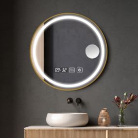 60x60x3cm Miroir de salle de bains LED rond , miroir de vanité à cadre doré, avec capteur tactile, lumière blanche/blanche chaude