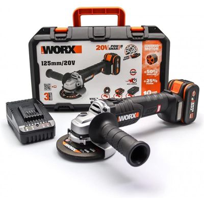 WORX Meuleuse d'angle sans fil 20V WX812 ⌀ 125 mm Livrée avec batterie et chargeur 8 500 trmin poignée auxiliaire disque carter coffret de rangement