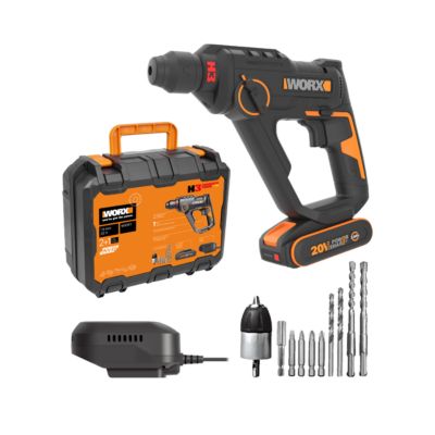 Marteau perforateur 20V WORX WX391 1 2J perçage rapide dans le béton 3 fonctions en 1 1 batterie 2Ah chargeur et 10 forets
