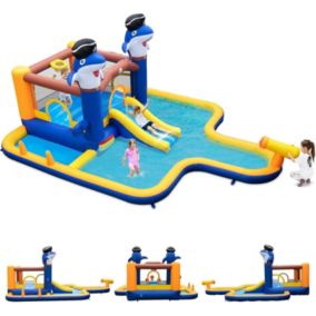 7 en 1 Structure gonflable Aquatique sans Souffleur-Piscine Toboggan Jeu de Boxe Canon à Eau Charge