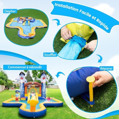 7 en 1 Structure gonflable Aquatique sans Souffleur-Piscine Toboggan Jeu de Boxe Canon à Eau Charge
