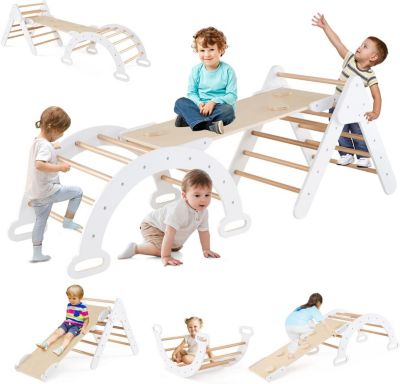 7 en 1 Triangle Arche Montessori escalade Enfants avec Toboggan Bois Ramp, Échelle Réglable Gris