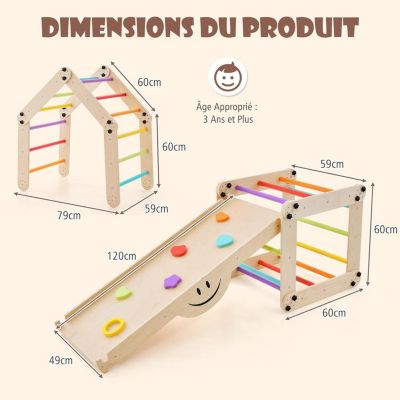 Triangle D'escalade Montessori 7 En 1 - Bois - Rampe Réversible - Charge 60kg - Enfants 3-14 Ans