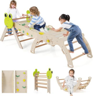 7 en 1 Triangle Escalade Montesorri,Parcours Montesorri Bebe Bois Pliable avec Arche,Corde Échelle,Naturel
