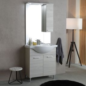 75cm armoire de salle de bain 2 portes chêne gris, lavabo, miroir et unité murale rimini