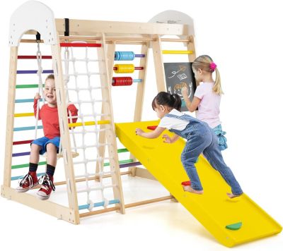8 en 1 Aire de Jeu Portique Escalade Enfant en Bois avec Toboggan,Chevalet,Jeu de Calcul,Coloré