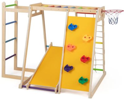 8 en 1 Escalade Enfants Montessori,Structure Escalade avec Toboggan,Balançoire,Barres à Singe,Panier Basket,Filet,Échelle