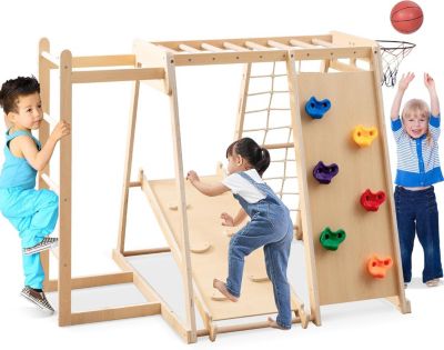 8 en 1 Escalade Enfants Montessori,Structure Escalade avec Toboggan,Balançoire,Barres à Singe,Panier Basket,Mur,Filet