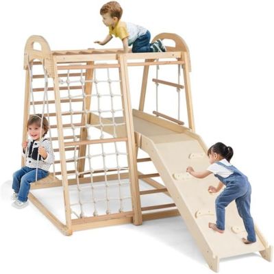 8 en 1 Escalade Enfants Montessori,Triangle Escalade avec Balançoire,Barres de Singe,Corde,Structure Jeux Intérieur,Naturel