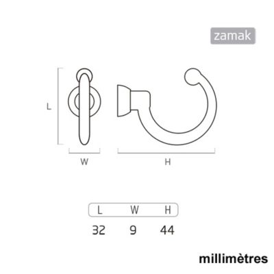 8 Un. Portemanteau patère  laiton brillant pour  mur 32X9X44MM