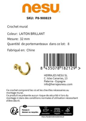 8 Un. Portemanteau patère  laiton brillant pour  mur 32X9X44MM