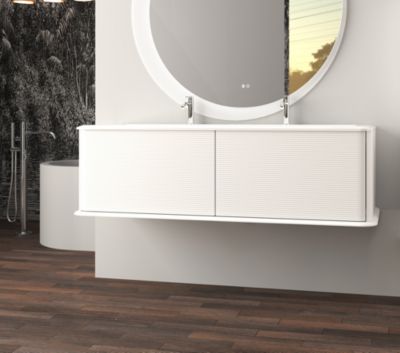 Meuble sous-vasque à suspendre l.141 cm avec plan vasque résine  beige coton  Idra