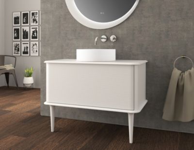 Meuble sous-vasque à suspendre l.95 cm avec plan de toilette  vasque à poser et pieds H.29 cm  beige coton  Idra