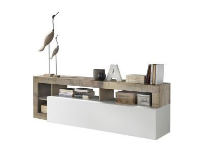Meuble TV SEFRO - 1 porte et 4 niches - Blanc laqué et chêne