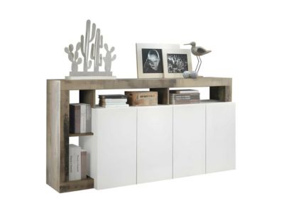 Buffet SEFRO - 4 portes et 4 niches - Blanc laqué et chêne