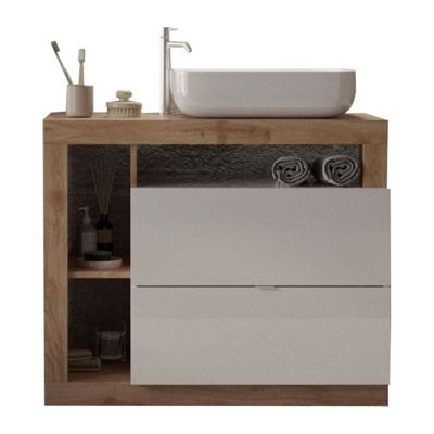 Ensemble Meuble salle de bain HAMBOURG L110 - Vasque + 2 Tiroirs + 3 niches - Coloris chene clair et laqué blanc