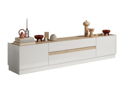 Meuble TV avec 2 portes et 2 tiroirs - Blanc et Naturel - EMORA