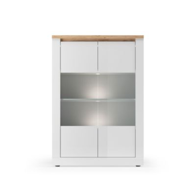 Vitrine 2 portes éclairage LED décor blanc et chêne H160 cm - ISCHIA