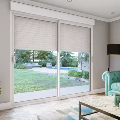 Baie coulissante alu blanc avec volet roulant électrique intégré motorisation Somfy l.240 x H.200 cm