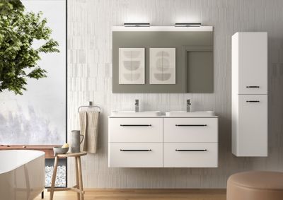 Meuble sous vasque à  suspendre Cygnus bath Teha L. 120 cm blanc coton + plan double vasque semi-encastré résine blanc