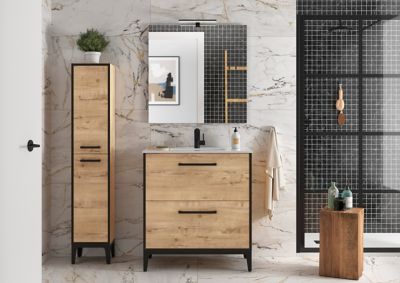 Meuble sous vasque à  poser Cygnus bath Zoé L. 100 cm chêne blanchi + plan vasque encastré céramique blanc