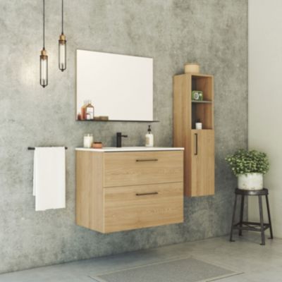 Meuble sous vasque à suspendre Ona effet chêne l.80 cm + plan vasque blanc + miroir